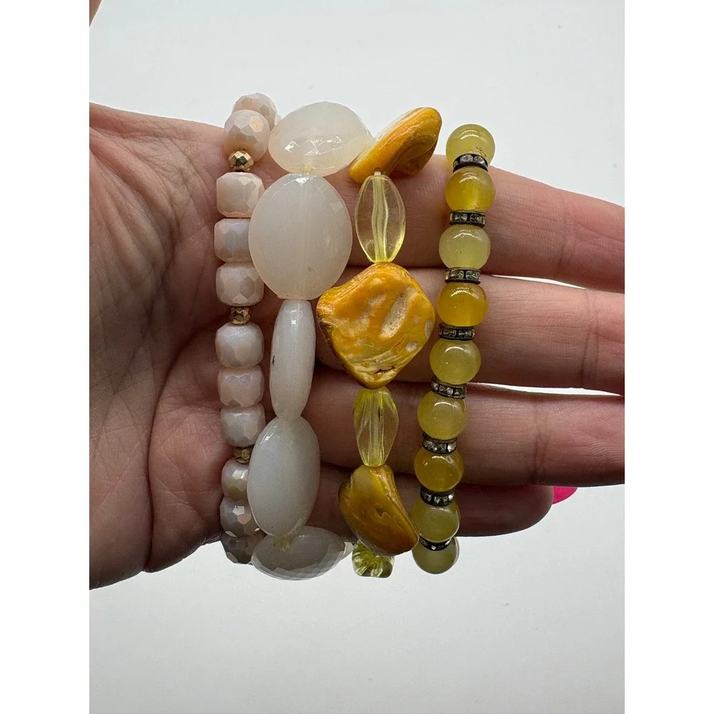 Yellow and White Beaded Stretch Bracelet Stack Set 4pc Shell Stone‎ Glass Boho